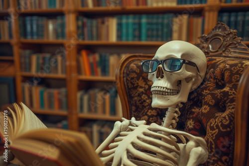 A human skeleton with glasses sits in a chair and reads a book. In the background are shelves with books in your own library.