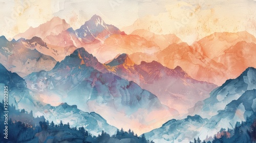Light Watercolor Painting of Majestic Mountains Generative AI © Alex
