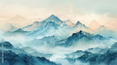 Light Watercolor Painting of Majestic Mountains Generative AI © Alex