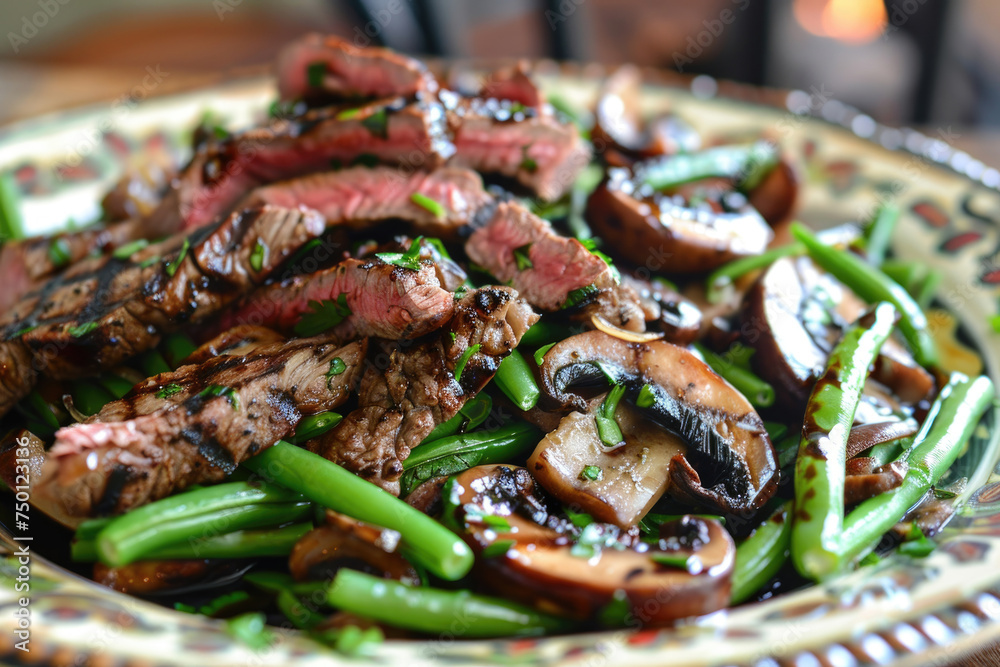 A hearty salad featuring grilled beef, portobello mushrooms, and green beans