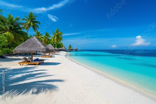 Summer holiday vacation and sunny tropical beach with island sea in sky background