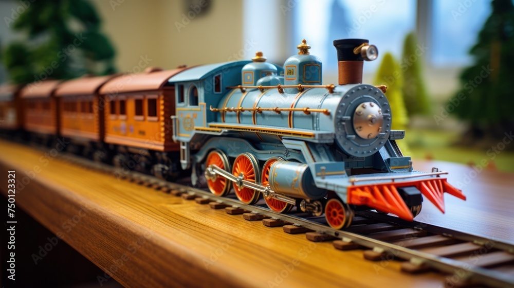 Capturing the charm of an old-fashioned commute, this toy railroad model boasts a locomotive and cars rolling along intricate miniature tracks. - obrazy, fototapety, plakaty 