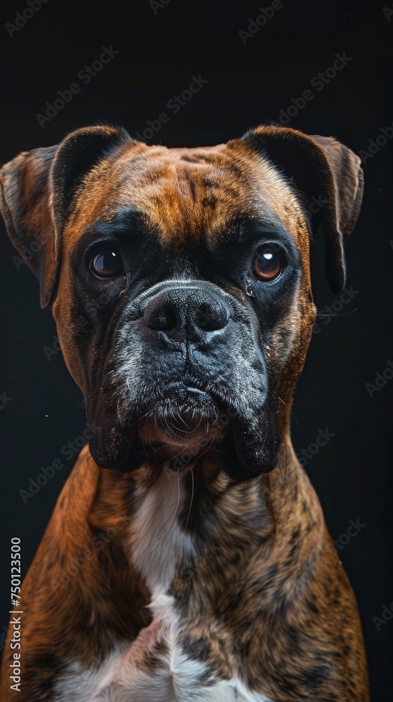 a boxer dog close-up portrait looking direct in camera with low-light, black backdrop. Boxer dog with a collar looking to the side, black background