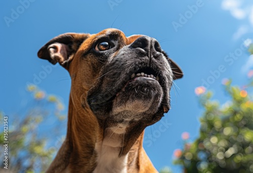 a boxer dog with its front teeth open up in the sun, in the style of aestheticized violence, chaotic academia, darkerrorcore. Boxer dog looking up, clear blue sky background. photo