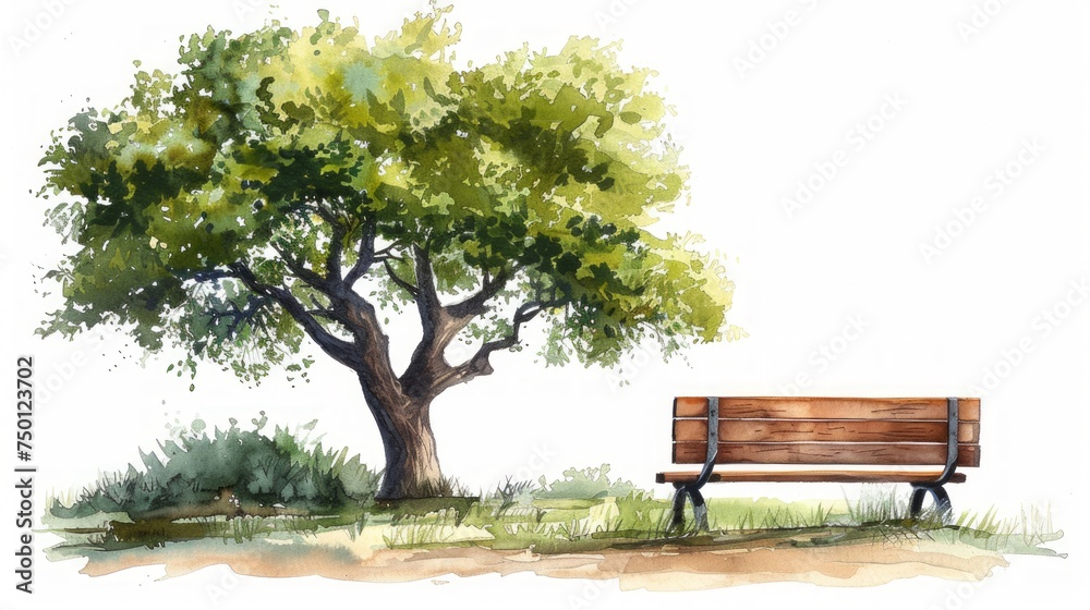 Deciduous Tree Oak and Bench Watercolor Illustration Generative AI
