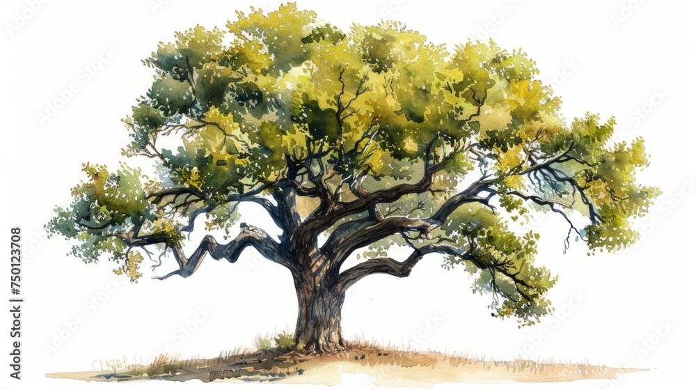 Hand-Drawn Oak Deciduous Tree Watercolor Illustration on White Background Generative AI