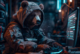 Cybernetic Russian Bear controls an advanced console in a neon-lit command center