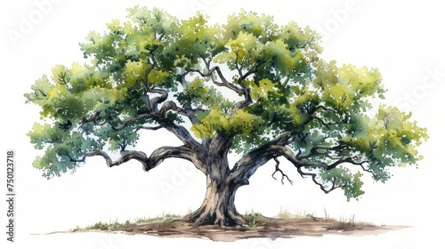 Hand-Drawn Watercolor Illustration of Deciduous Oak Tree Generative AI