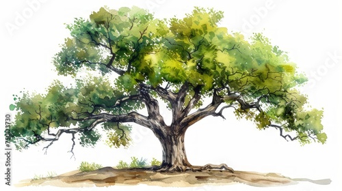 Vibrant Oak Deciduous Tree Watercolor Illustration on White Background Generative AI