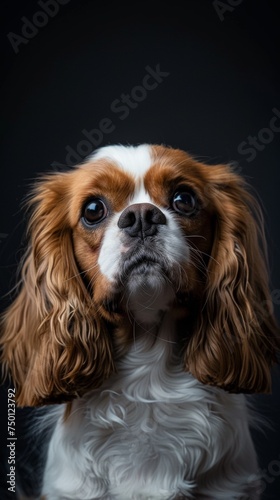 a cavalier king charles spaniel close-up portrait looking direct in camera with low-light, black backdrop. King Charles Spaniel with expressive eyes on a black background