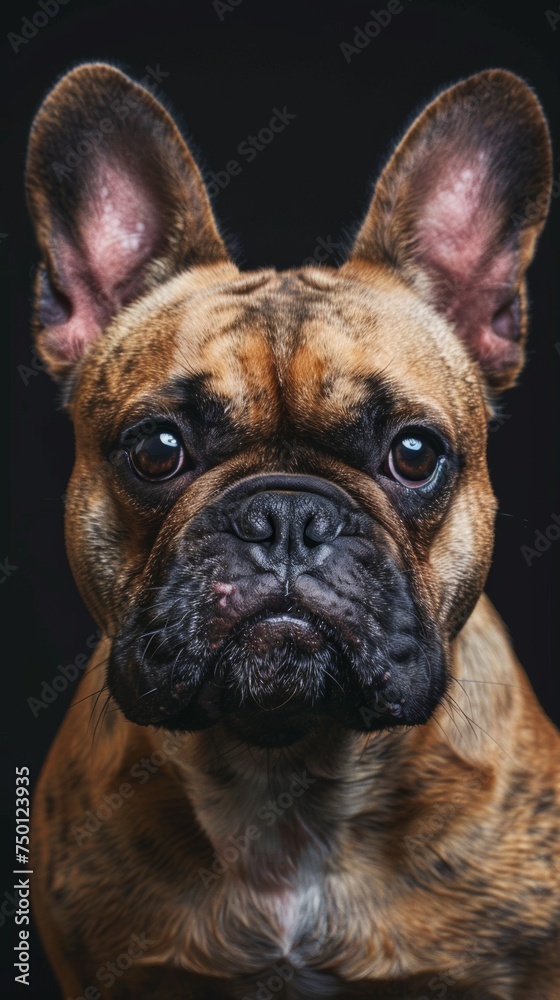 french bulldog brown dog close-up portrait looking direct in camera with low-light, black backdrop. French Bulldog with attentive eyes, close-up