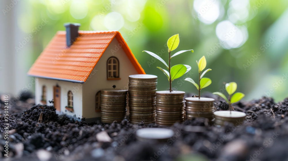 Growing columns, columns of metal coins next to a miniature villa. The concept of financial success, saving money for real estate. Growing columns, columns of metal coins next to a miniature villa. The concept of financial success, saving money for real estate.