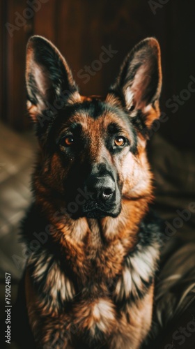 a german sheperd dog portrait looking direct in camera with low-light