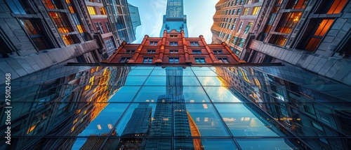 An old, ornate building reflects its intricate architecture in the glass facade of a modern skyscraper, merging past and present in a single image