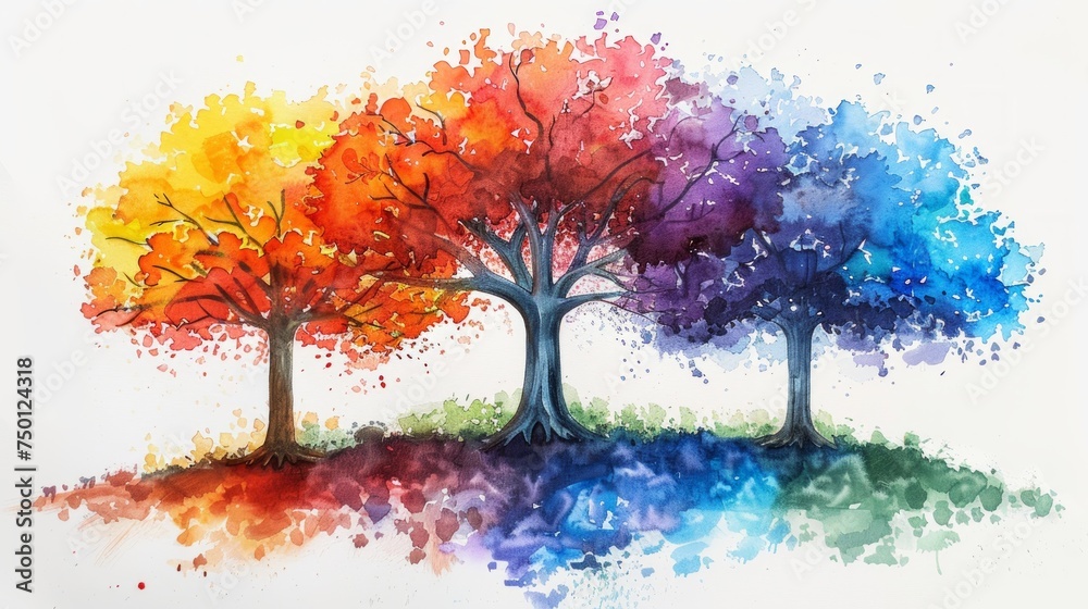 Obraz premium Vibrant Rainbow-Colored Tree on White Watercolor Background Generative AI