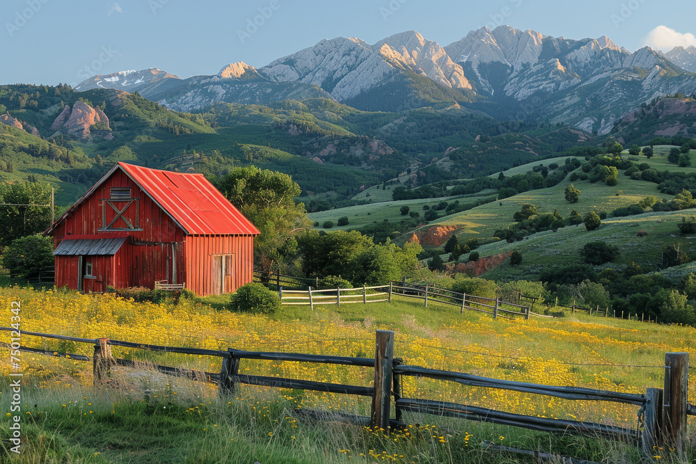 Serene Sunrise Over a Red Barn in a Mountainous Rural Landscape During Spring Serene Sunrise Over a Red Barn in a Mountainous Rural Landscape During Spring