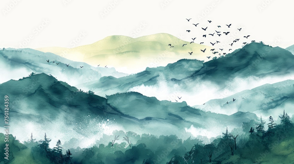 Watercolor Hills with Soaring Birds for Travel and Nature Enthusiasts Generative AI