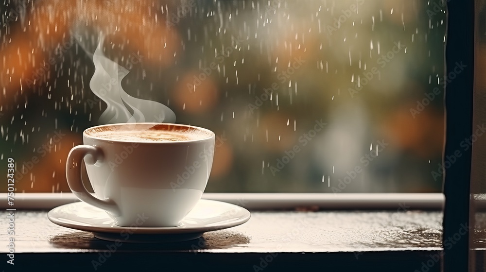 A steaming coffee cup is set against the background of a rainy day window. A steaming coffee cup is set against the background of a rainy day window.