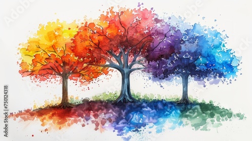 Vibrant Rainbow-Colored Tree on White Watercolor Background Generative AI