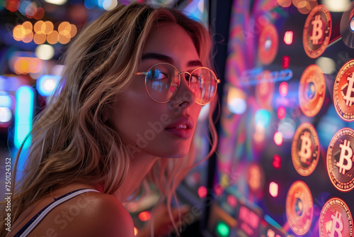 Beauticul young woman playing a Bitcoin-based arcade machine photo