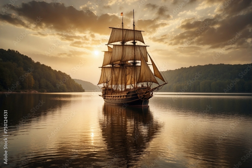 Obraz premium Ship with golden sails sailing on the rippling water