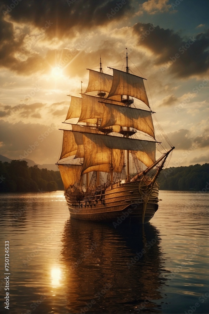 Ship with golden sails sailing on the rippling water