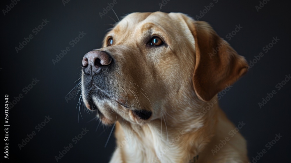 a Labrador Retriever close-up portrait looking direct in camera with low-light, black backdrop a Labrador Retriever close-up portrait looking direct in camera with low-light, black backdrop