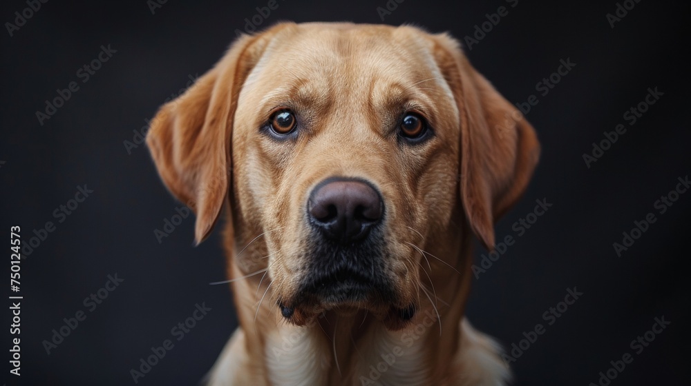 a Labrador Retriever close-up portrait looking direct in camera with low-light, black backdrop a Labrador Retriever close-up portrait looking direct in camera with low-light, black backdrop