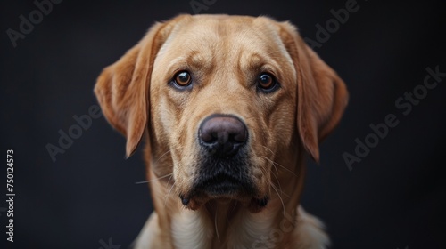 a Labrador Retriever close-up portrait looking direct in camera with low-light, black backdrop