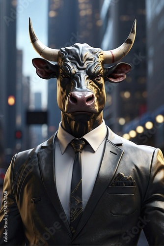 Human-like Bull in a Suit and Tie Stands in Front of a Business Center in a Megalopolis