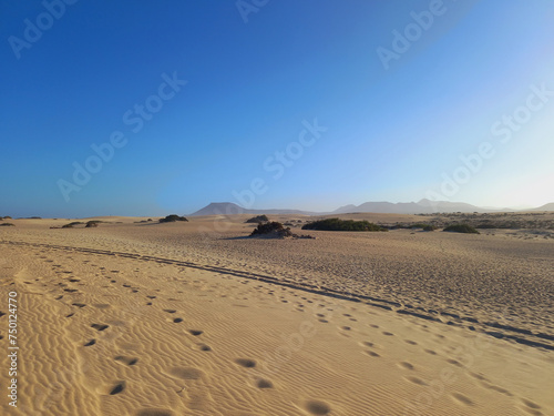 Desert landscape and dunes with footprints in the sand under blue sky and volcanoes on the horizon. Nature and extreme sports.
