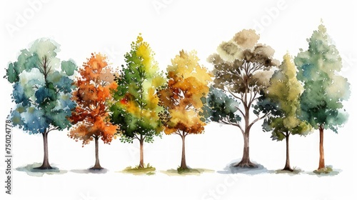White Watercolor Illustration of Tree Set Generative AI