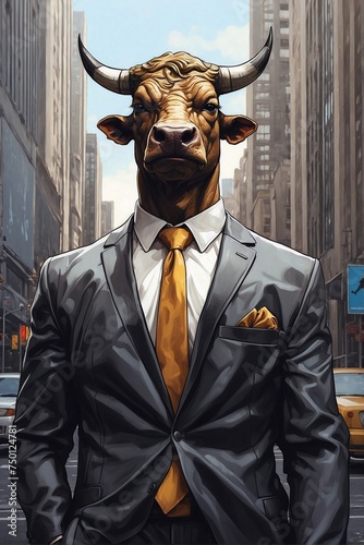 Human-like Bull in a Suit and Tie Stands in Front of a Business Center in a Megalopolis
