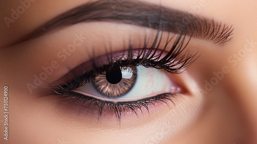 A stunning macro shot showcases a female eye with exceptionally long eyelashes and precise black liner makeup  emphasizing perfect makeup application and long lashes  in a fashion-forward visage.