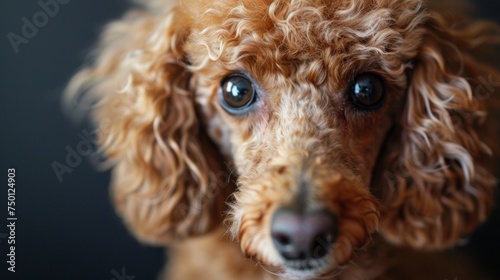 a Poodle close-up portrait looking direct in camera with low-light, black backdrop. Cute apricot poodle against dark background. © PAOLO