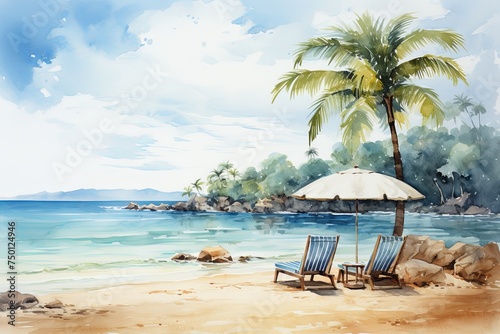 Summer holiday vacation and hat  coconut tree  umbrella with sea beach watercolor illustration background