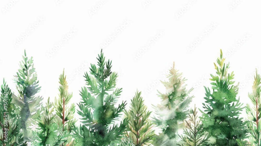 Fototapeta premium Hand Drawn Illustration of a Coniferous Forest Border with Watercolor Effect and White Background Generative AI