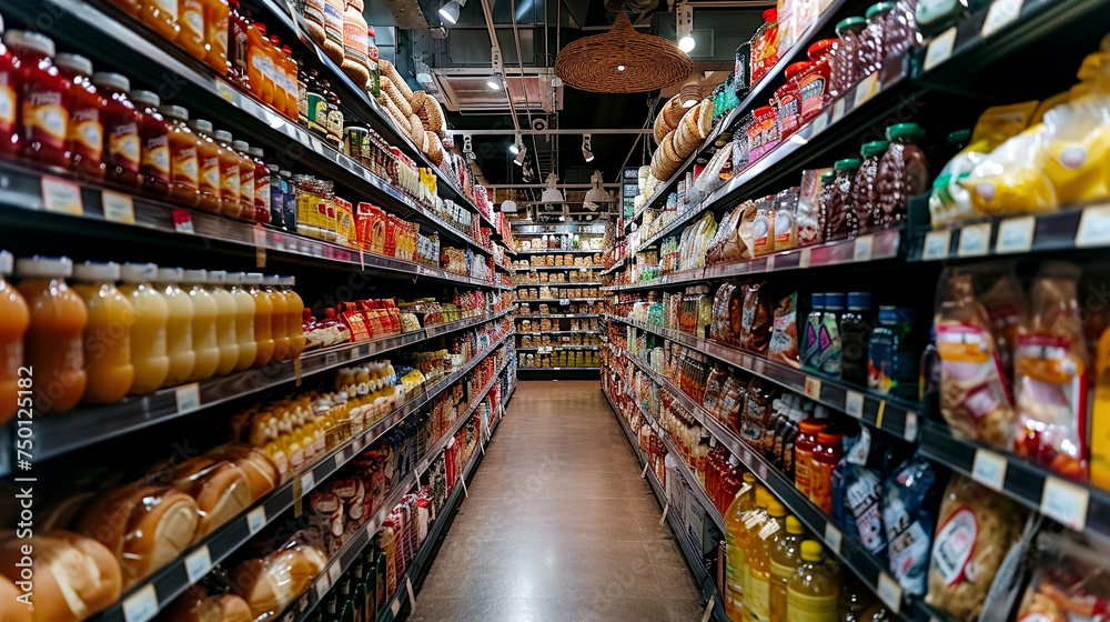 Varied Grocery Store Aisles Stocked Full with Diverse Food Products