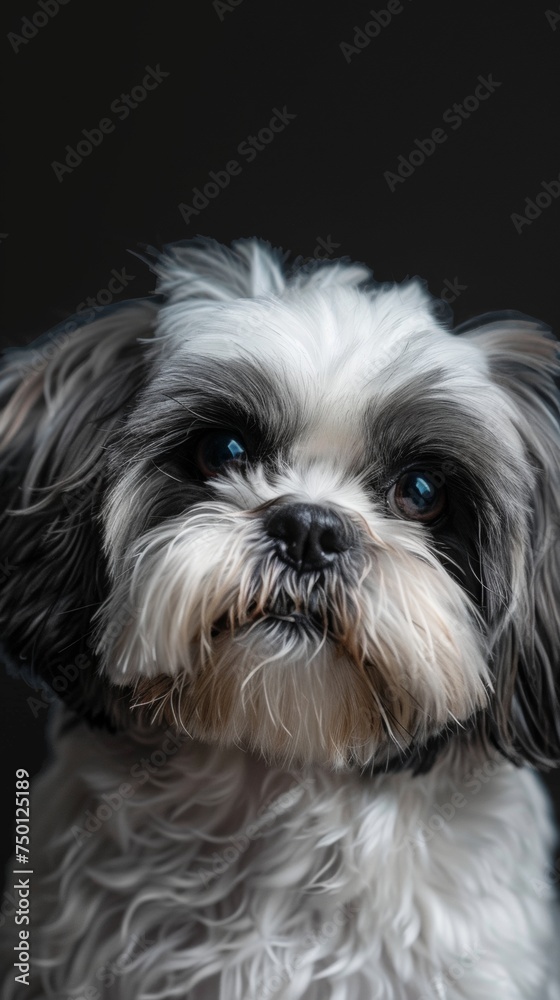 a Shih Tzu dog close-up portrait looking direct in camera with low-light, black backdrop. Portrait of a black and white Shih Tzu against a dark backdrop
