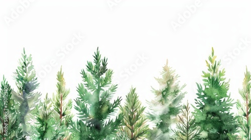 Hand Drawn Illustration of a Coniferous Forest Border with Watercolor Effect and White Background Generative AI © Alex