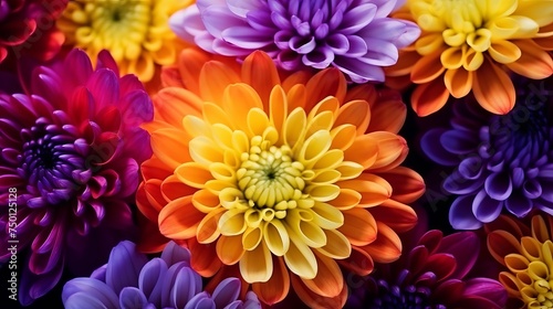 A vibrant macro shot showcases colorful chrysanthemum flowers, featuring hues of yellow, red, and purple, forming a stunning floral background. © Shabnam