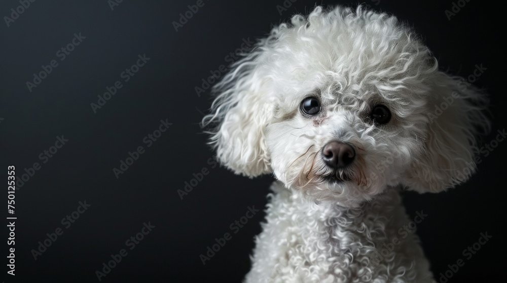 a white Poodle close-up portrait looking direct in camera with low-light, black backdrop a white Poodle close-up portrait looking direct in camera with low-light, black backdrop