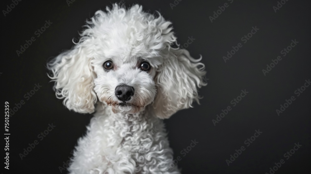 a white Poodle close-up portrait looking direct in camera with low-light, black backdrop a white Poodle close-up portrait looking direct in camera with low-light, black backdrop
