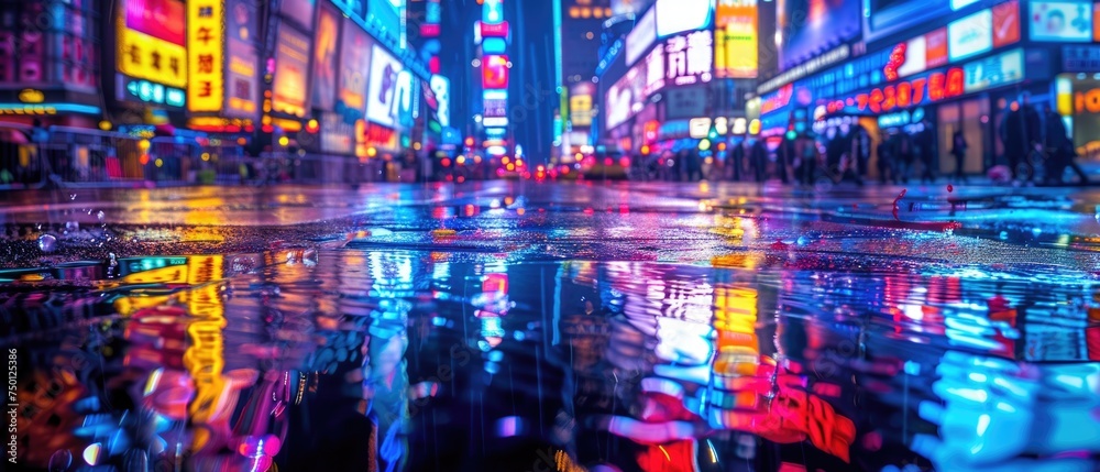 A vibrant city street glistens after rainfall, with neon signs and city lights creating a kaleidoscope of colors on the wet pavement.