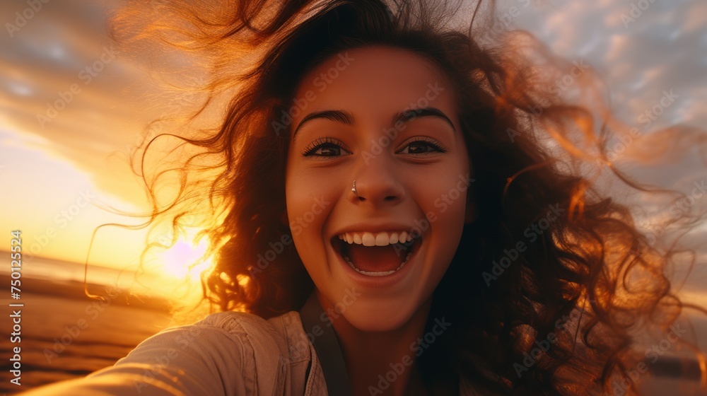 Cheerful female in a sweater takes a selfie, her face lit by the warm sunset amidst autumnal grasses.