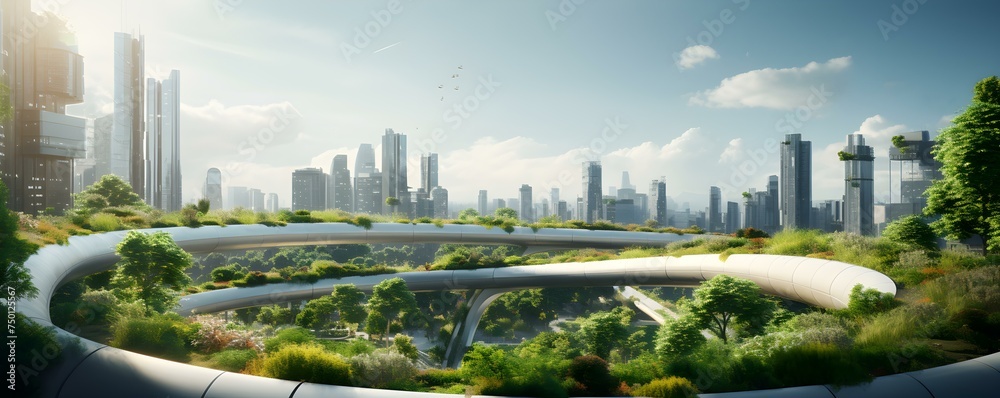 Urban skyline with futuristic architecture featuring green rooftop gardens and balconies. Concept Urban Architecture, Skyline, Futuristic Design, Green Technology, Rooftop Gardens