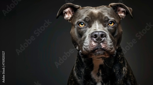 an aggressive growling Pit Bull close-up portrait looking direct in camera with low-light, black backdrop