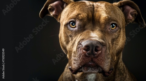 an aggressive growling Pit Bull close-up portrait looking direct in camera with low-light  black backdrop