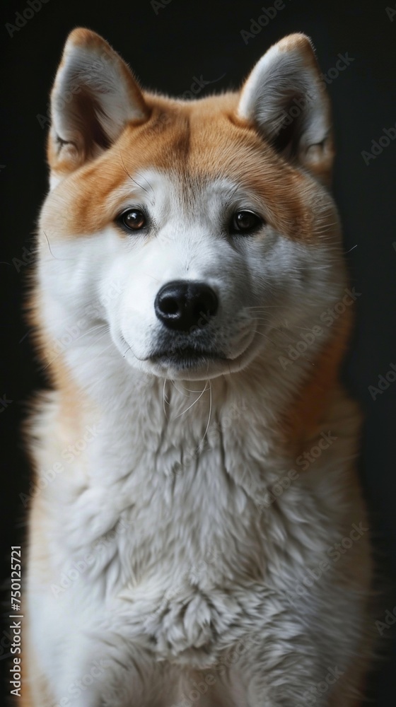 an Akita Inu dog close-up portrait looking direct in camera with low-light, black backdrop --ar 9:16 --style raw Job ID: 50820ce4-a087-41d1-a0e4-31a6a8b655ae
