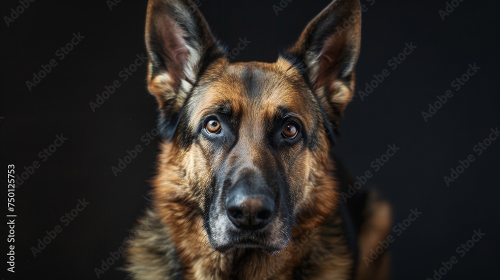 German Shepherd portrait with alert ears, black and tan coat. Pet Dog german shepherd portrait looking direct in camera